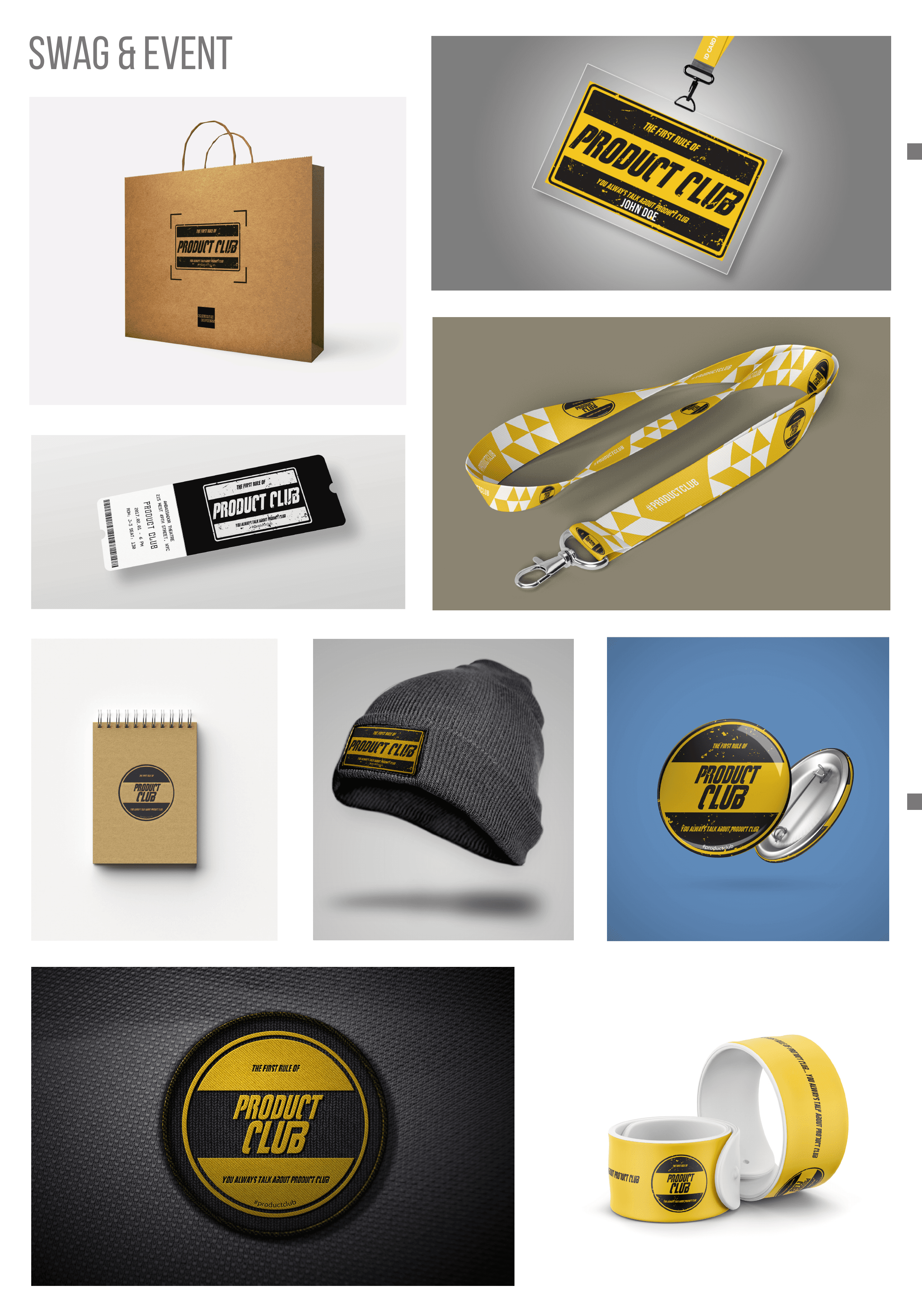 Product Club swag and event identity designs