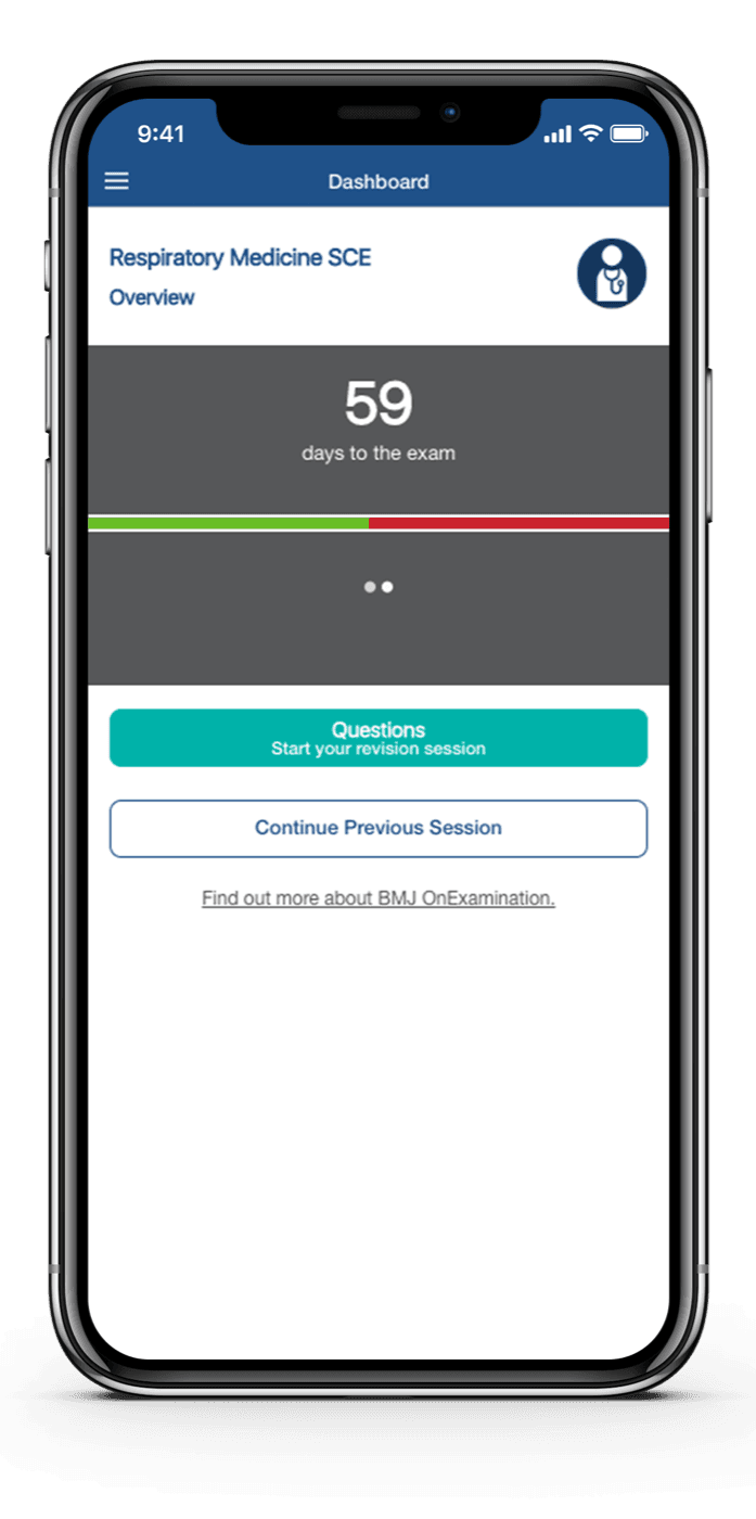 BMJ OnExamination mobile app dashboard showing revision progress
