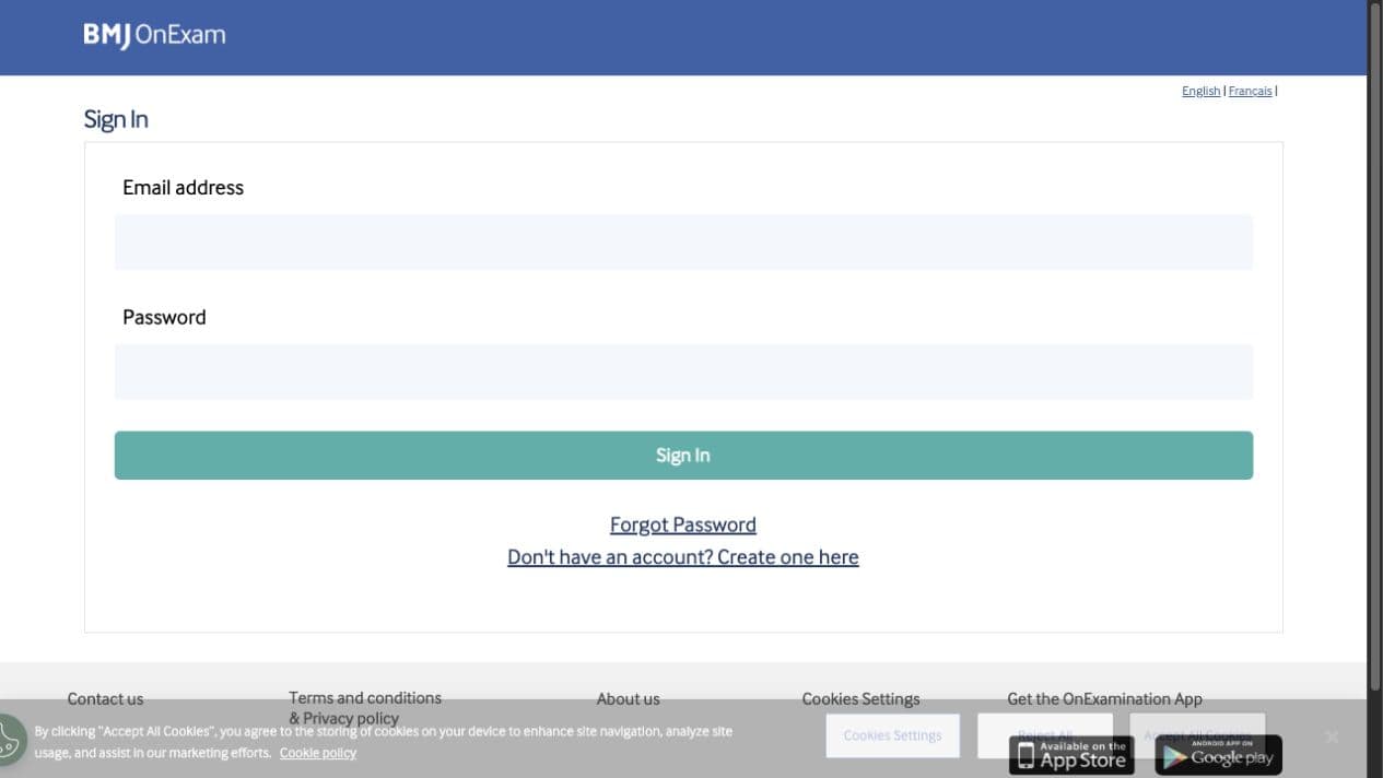 BMJ OnExamination companion app sign-in interface