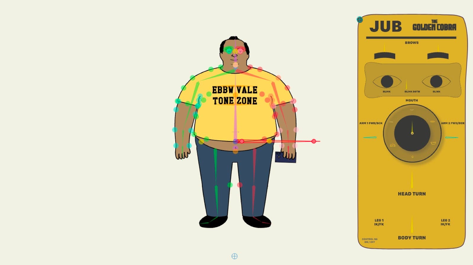Front-view character rig with animation controls for Jub